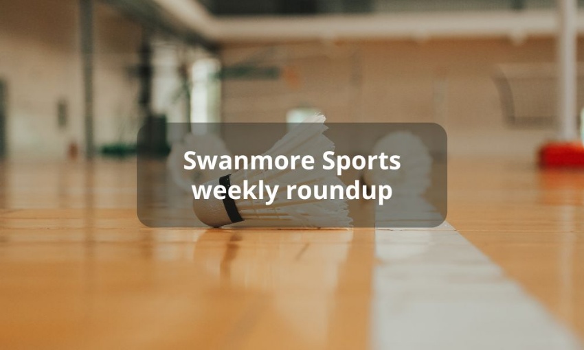 Image shows a close up of a badminton shuttlecock on a varnished sports hall floor with the words Swanmore sports weekly roundup